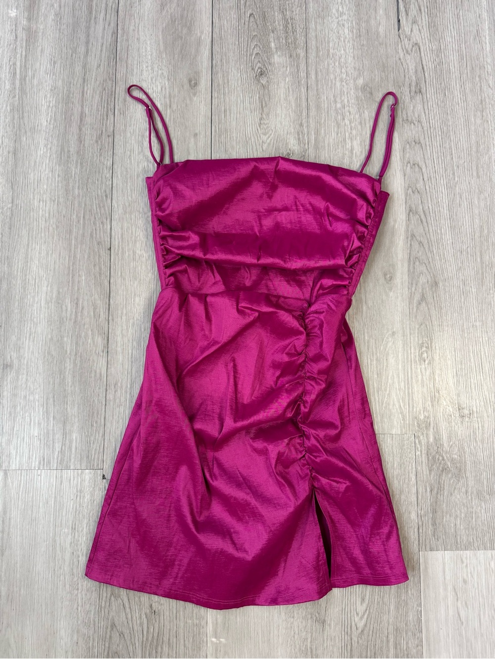 Lucy in the Sky Pink Satin Ruched Spaghetti Strap Mini Formal Dress L fits Small